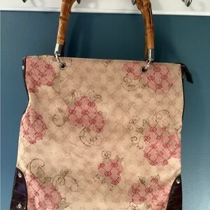 Floral Canvas Tote Bag with Bamboo Handles